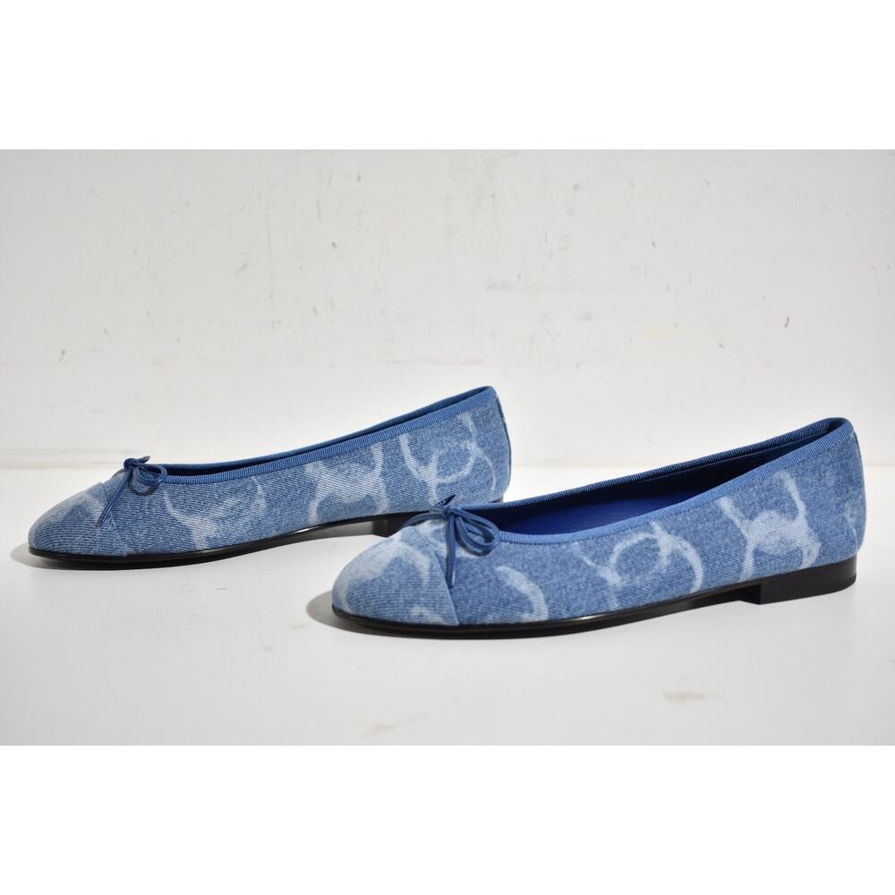 Chanel 23B Printed Denim Blue White CC Logo Bow Tie Ballet Ballerina Flat 37.5 - Picture 10 of 12
